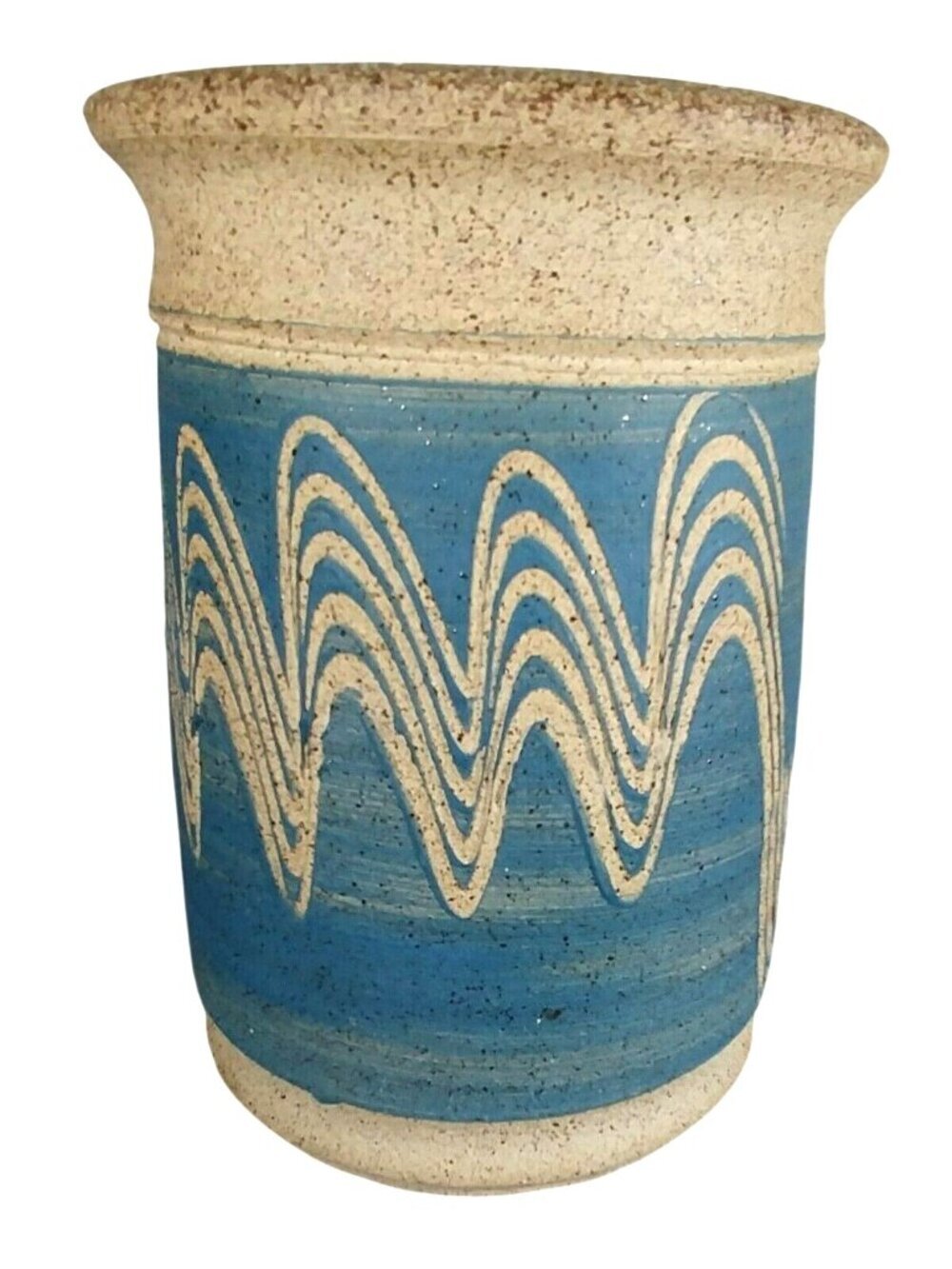 Handcrafted Blue Beige Stoneware Vase Wave Design By Mosca Vintage Art Pottery